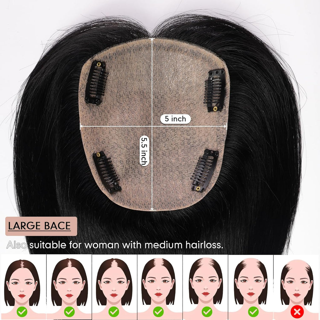 Hair Toppers for Women Real Human Hair 5"*5.5"Large Coverage Brown with Blond Highlight Hair Topper No Bangs