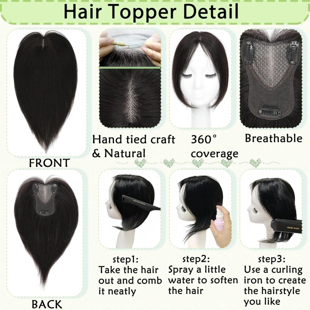 Hair Toppers for Women Real Human Hair 360° No Bangs Upgrade Lace Base Human Hair Toppers