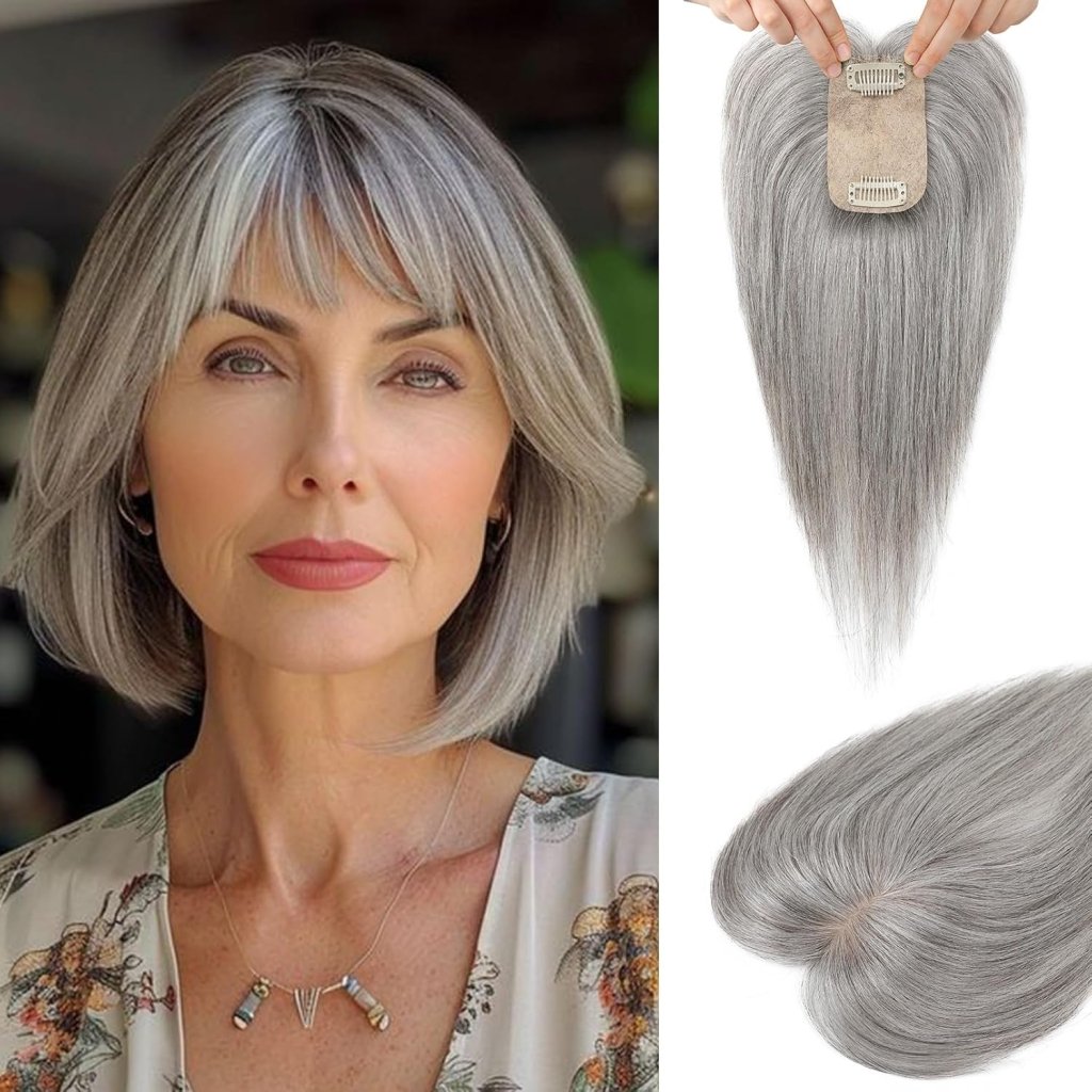 Human Hair Toppers for women 10 Inch Clip in Bangs 100％ Human Hair Toppers for Thinning Hair Cover Hair Pieces with Silk Base-Silver White