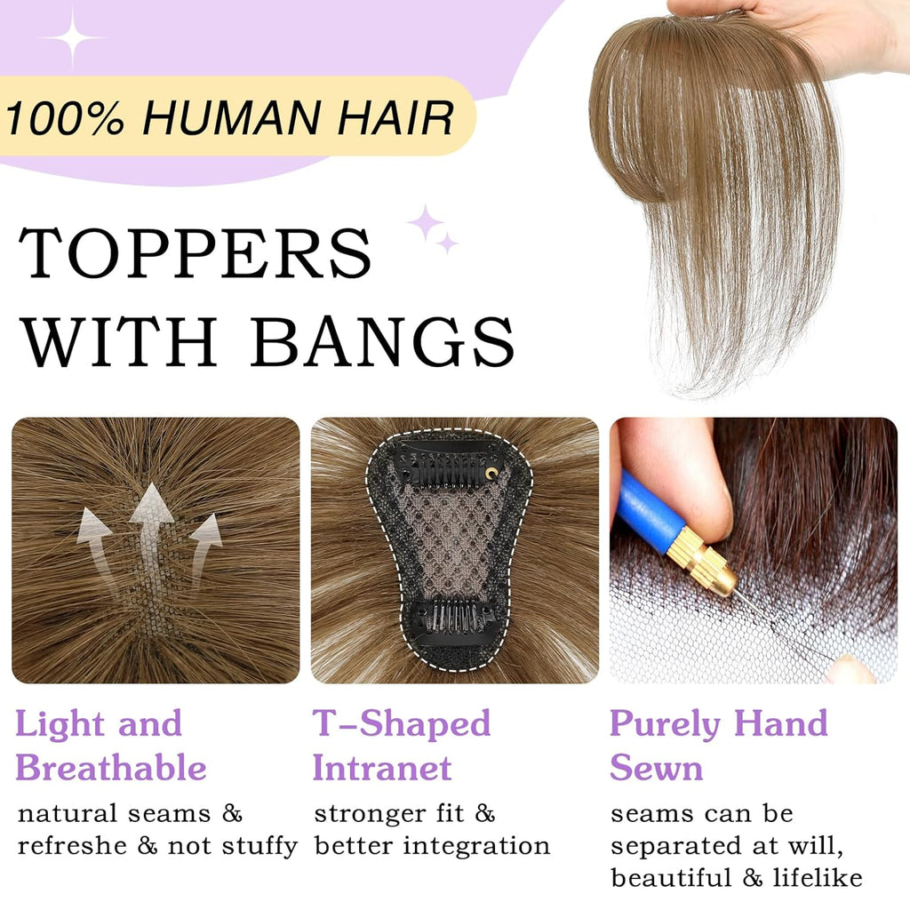 Clip in Bangs 100% Human Hair Toppers 360°3D Hair Pieces Clip On Air Bangs Extensions