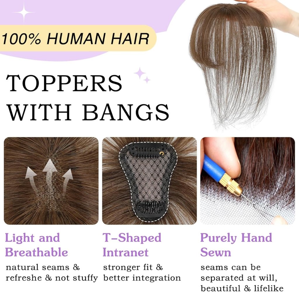 Clip in Bangs 100% Human Hair Toppers 360°3D Hair Pieces Clip On Air Bangs Extensions