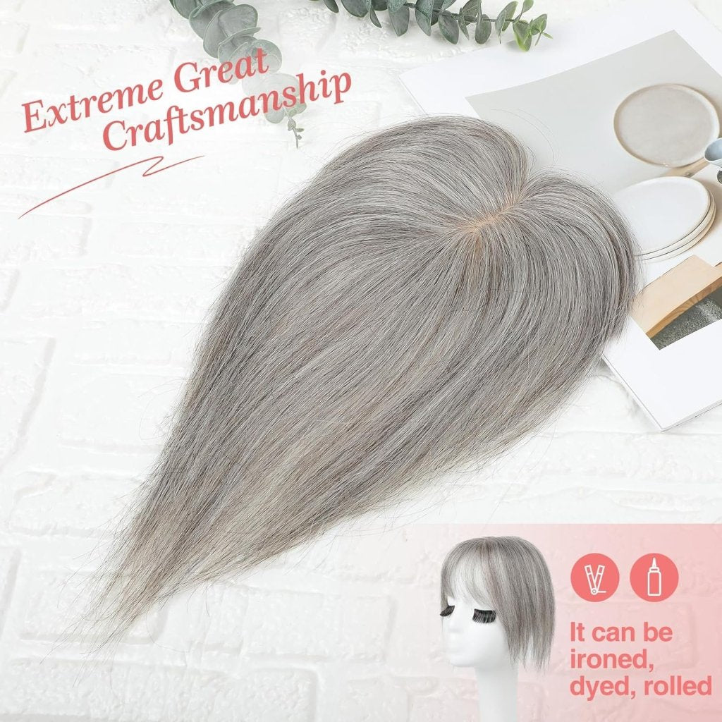 Human Hair Toppers for women 10 Inch Clip in Bangs 100％ Human Hair Toppers for Thinning Hair Cover Hair Pieces with Silk Base-Silver White