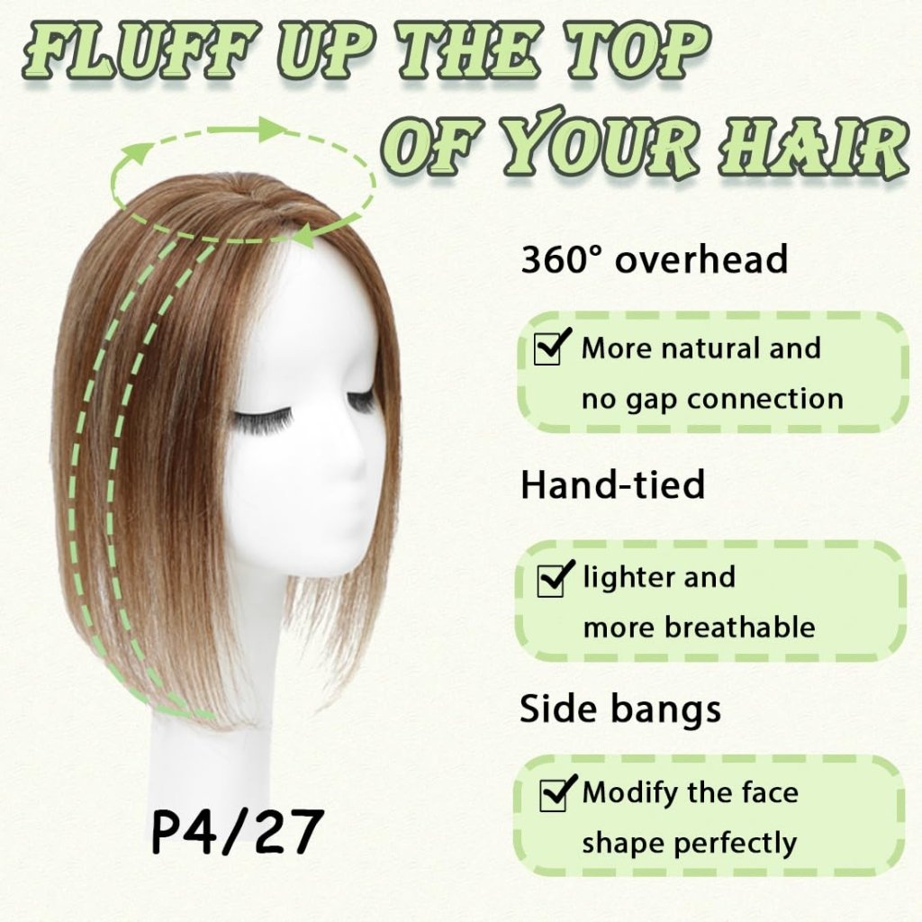 Hair Toppers for Women Real Human Hair 360° No Bangs Upgrade Lace Base Human Hair Toppers