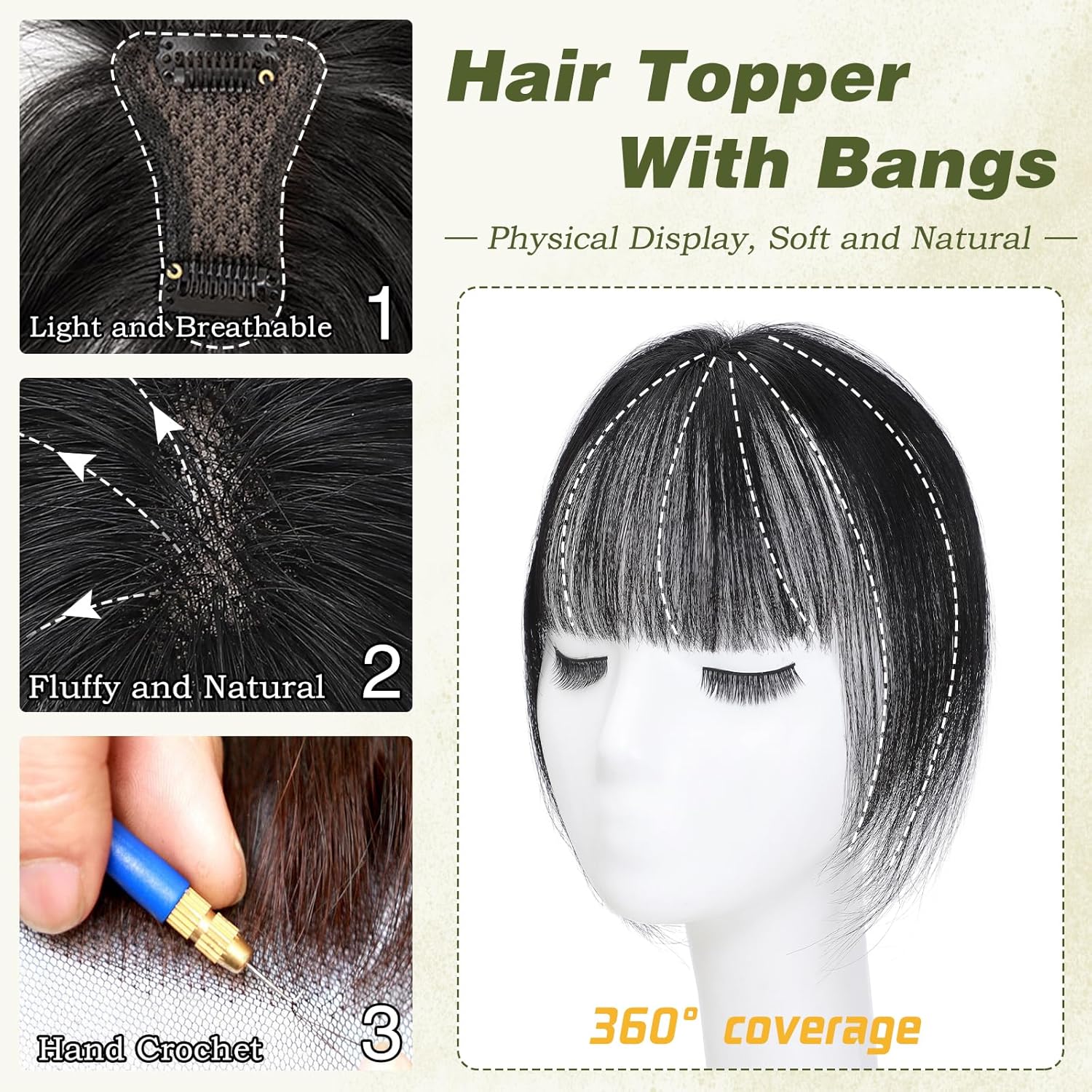Clip in Bangs 100% Human Hair Toppers 360°3D Hair Pieces Clip On Air Bangs Extensions