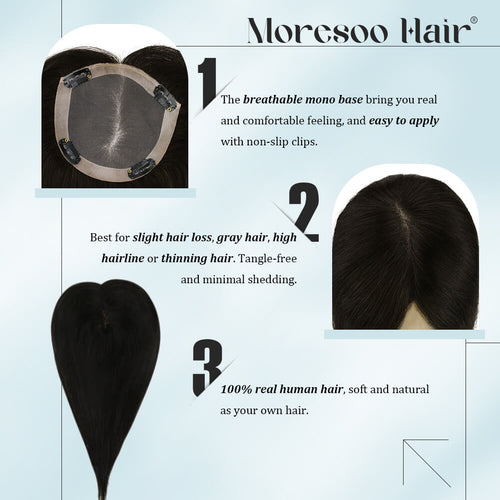 3*5inch Mono Hair Topper Remy Human Hair Natural Black (#1B) Wigs Hair Piece