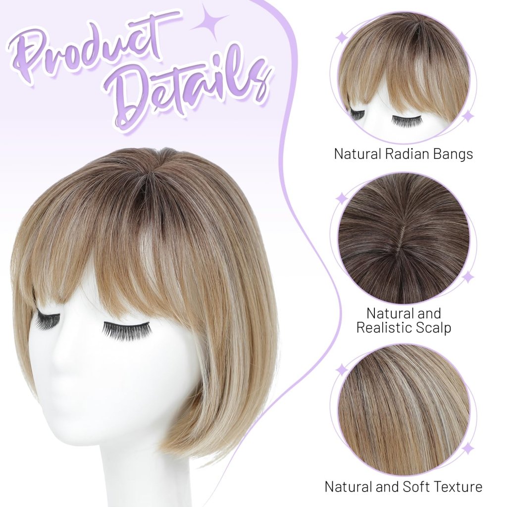 Human Hair Pieces Short Bob Hair Toppers with Bangs Side Part Hair