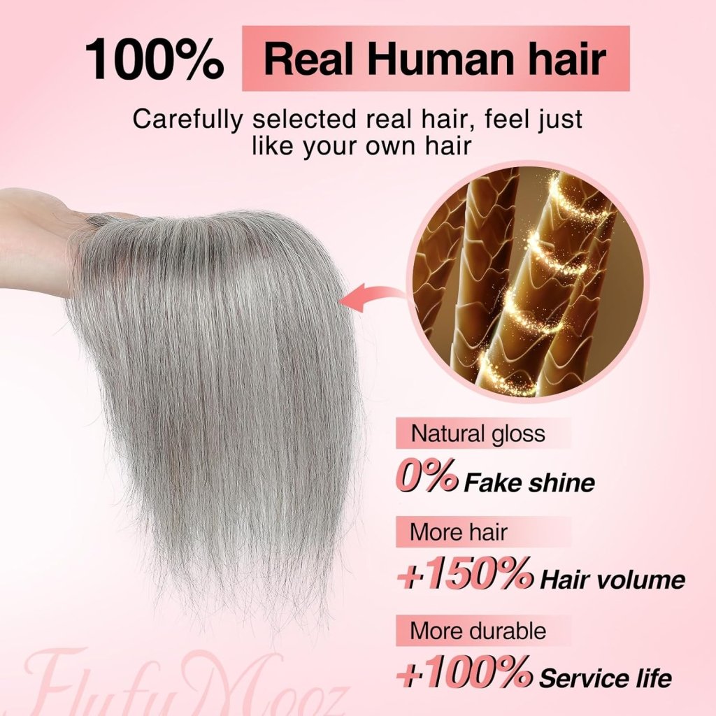 Human Hair Toppers for women 10 Inch Clip in Bangs 100％ Human Hair Toppers for Thinning Hair Cover Hair Pieces with Silk Base-Silver White