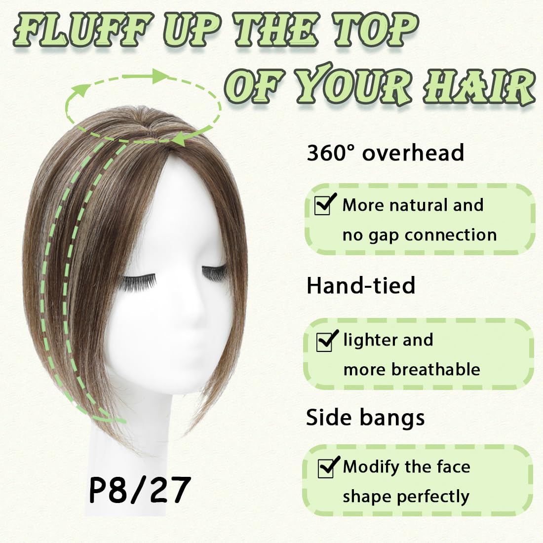 Hair Toppers for Women Real Human Hair 360° No Bangs Upgrade Lace Base Human Hair Toppers