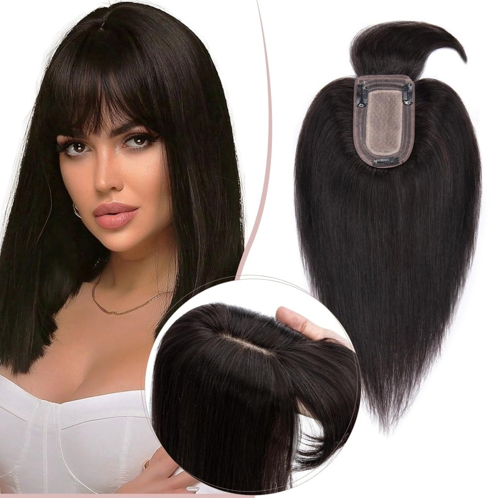 Human Hair Topper with Bangs - Real Human Hair Toppers for Women with Thin Hair