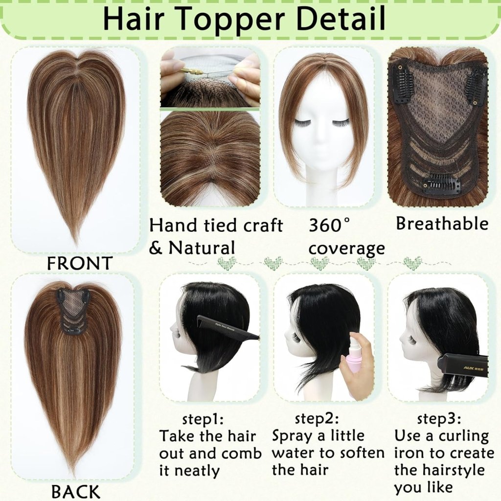 Hair Toppers for Women Real Human Hair 360° No Bangs Upgrade Lace Base Human Hair Toppers