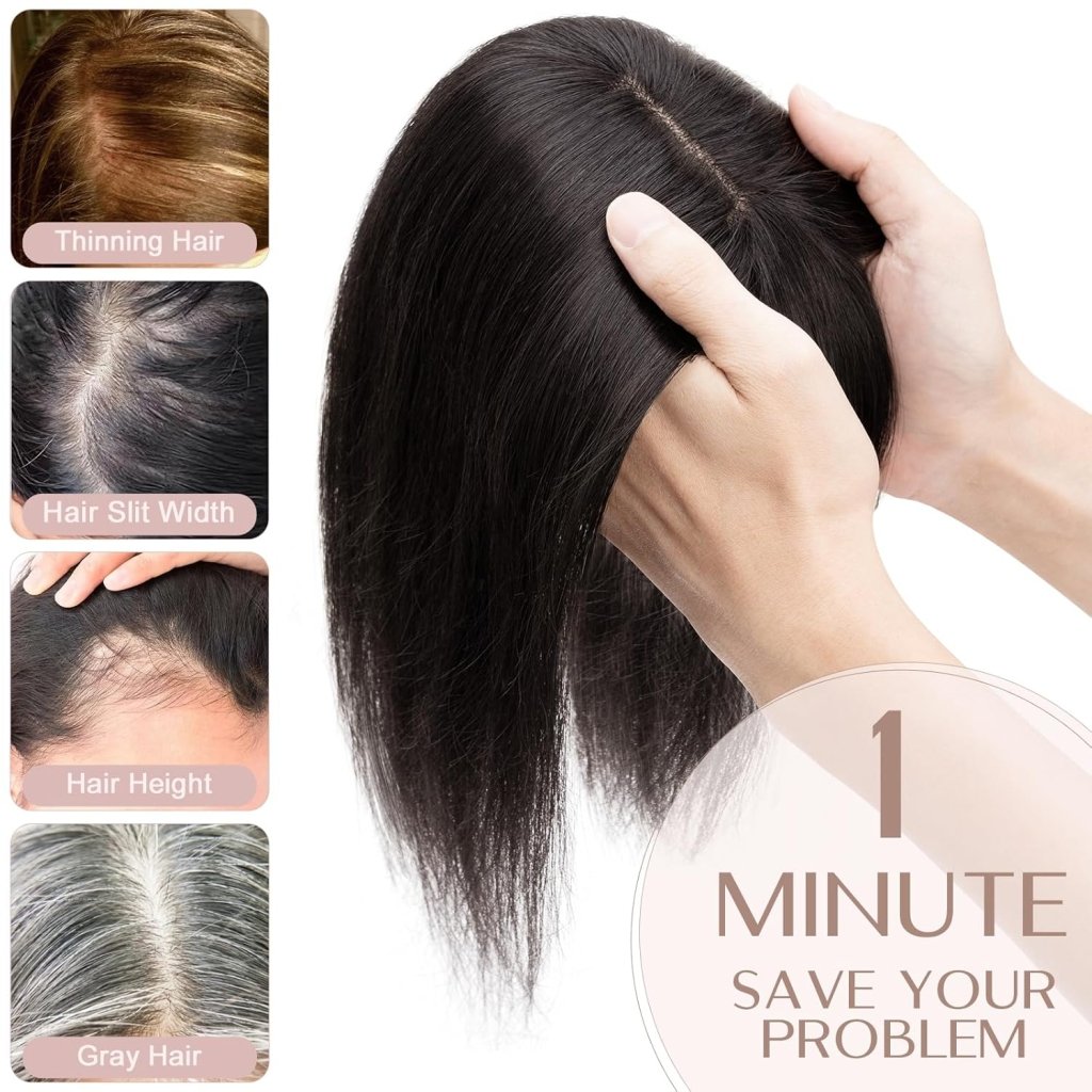 Human Hair Topper with Bangs - Real Human Hair Toppers for Women with Thin Hair