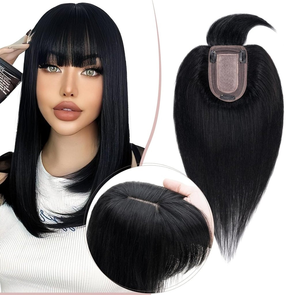 Human Hair Topper with Bangs - Real Human Hair Toppers for Women with Thin Hair