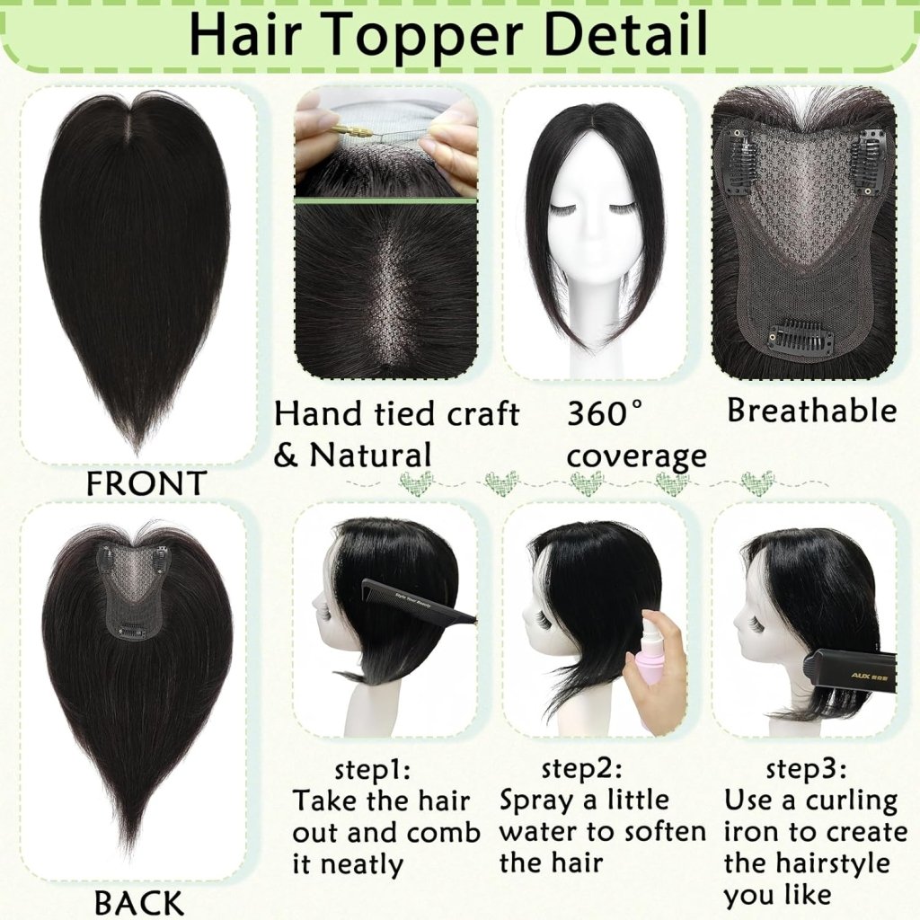 Hair Toppers for Women Real Human Hair 360° No Bangs Upgrade Lace Base Human Hair Toppers