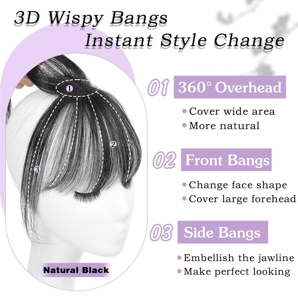 Clip in Bangs 100% Human Hair Toppers 360°3D Hair Pieces Clip On Air Bangs Extensions