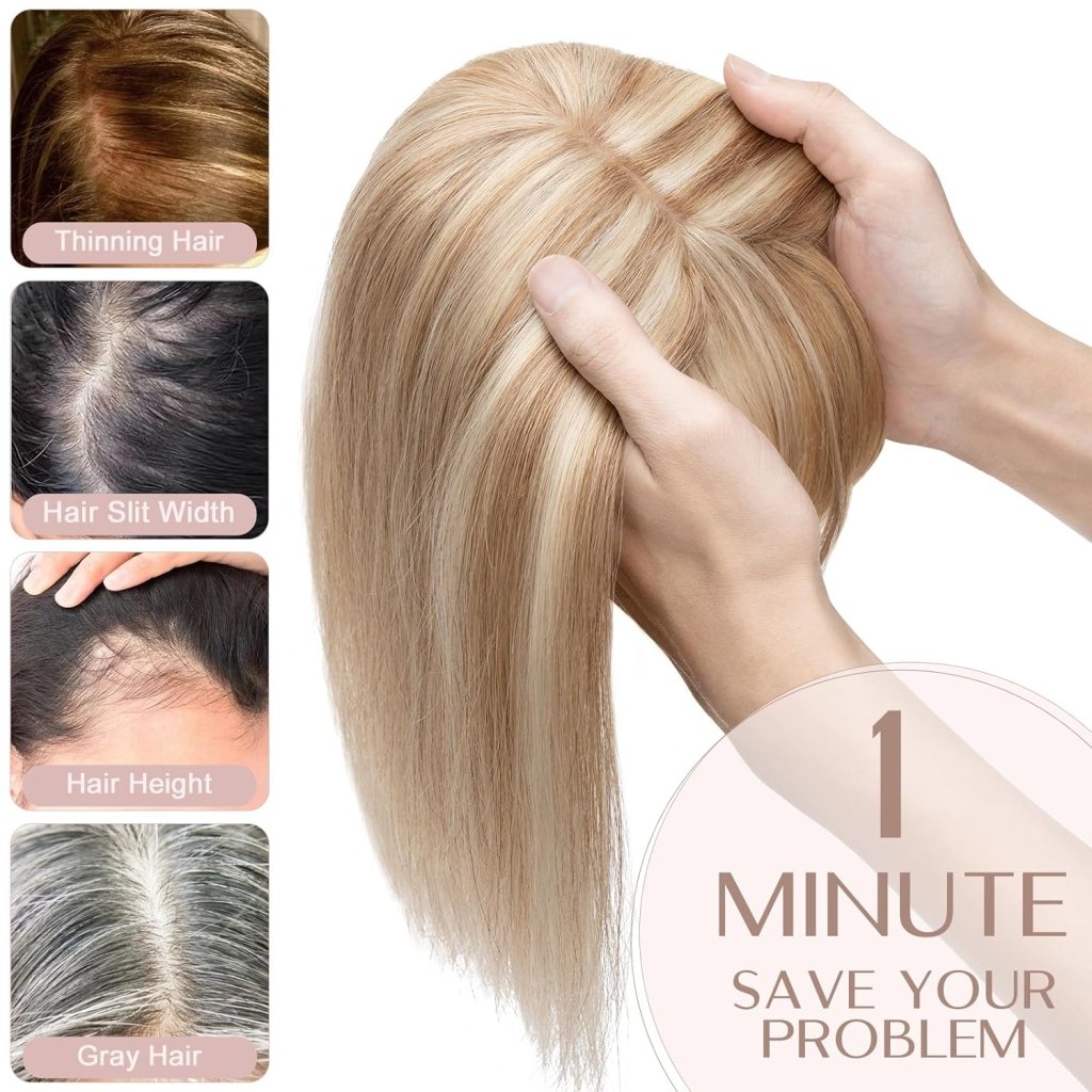 Human Hair Topper with Bangs - Real Human Hair Toppers for Women with Thin Hair