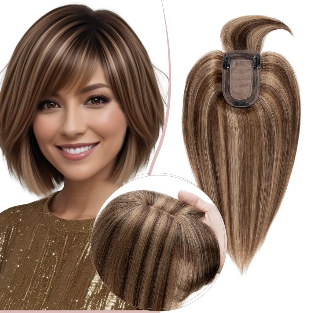 Human Hair Topper with Bangs - Real Human Hair Toppers for Women with Thin Hair