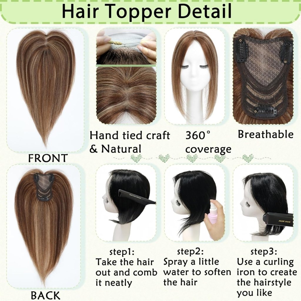 Hair Toppers for Women Real Human Hair 360° No Bangs Upgrade Lace Base Human Hair Toppers