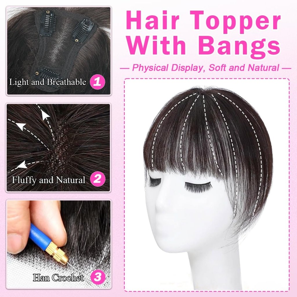 Hair Toppers For Women Real Hair 360° 3D Cover Human Hair Topper Wig with Bangs Hair Pieces