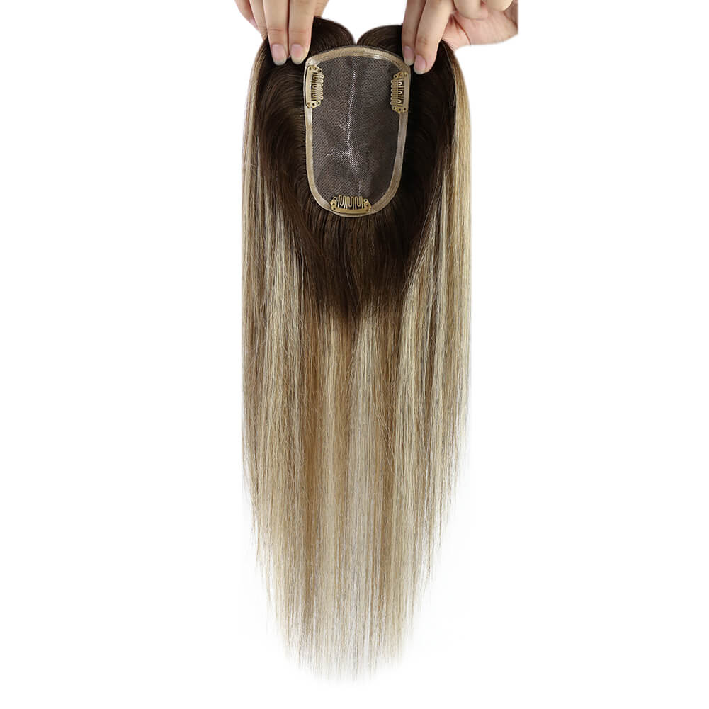 3*5inch Hair Topper Remy Human Hair Balayage Brown With Blonde Wigs Hair Piece