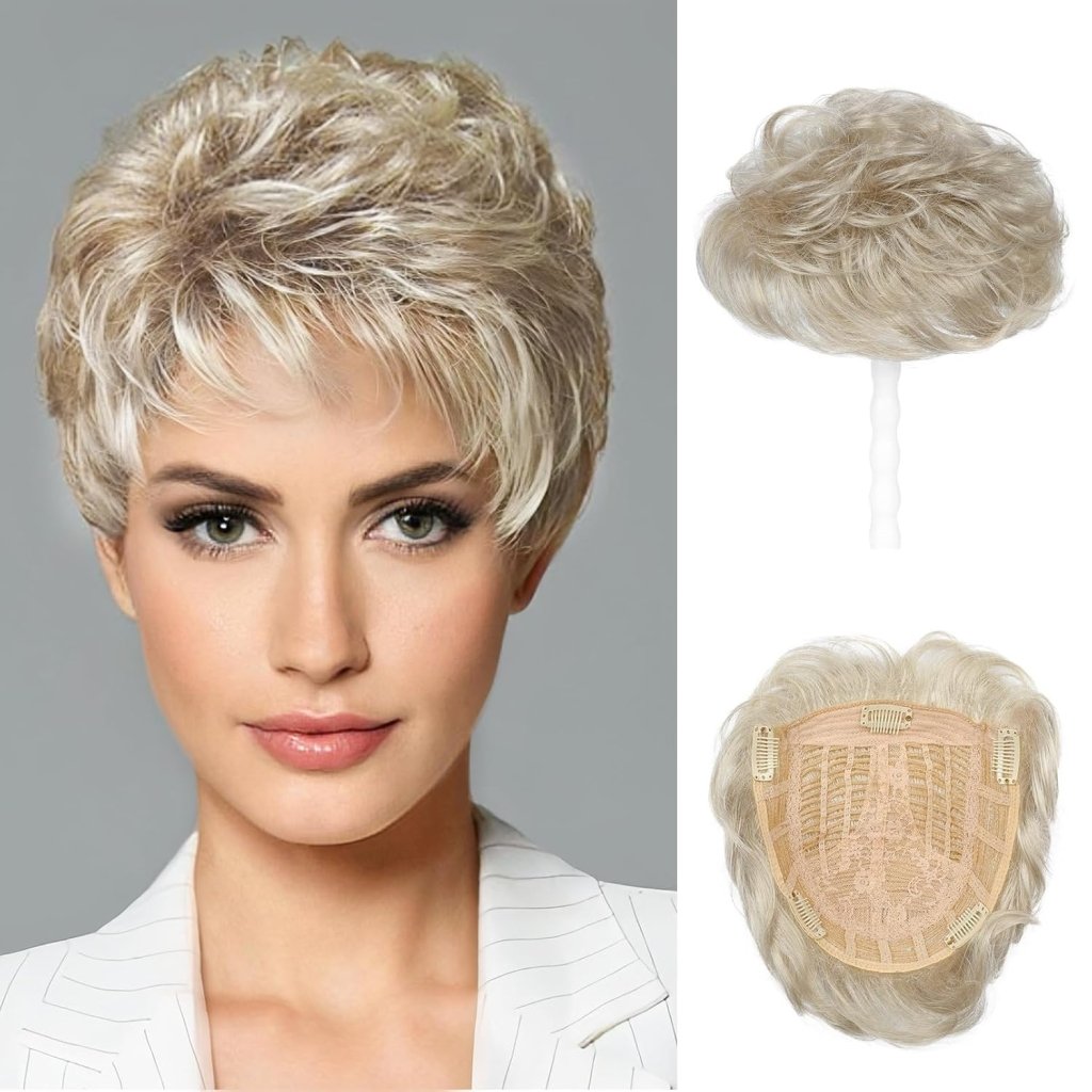 Short Wiglet Hair Topper for Women with Thinning Hair Large Coverage Synthetic Top Grey