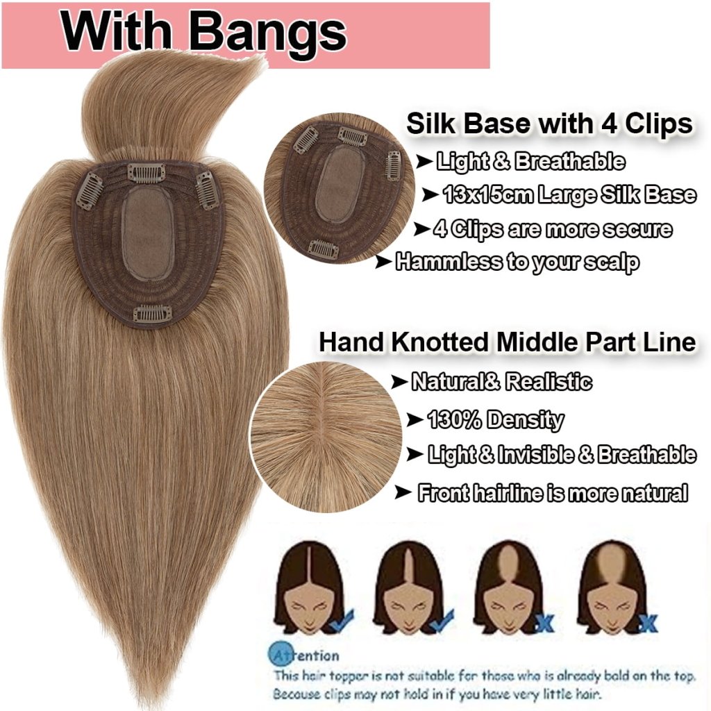 Human Hair Toppers For Women 100% Remy Topper With/Without Bangs 13*15CM Silk Base Clip In Topper 14inch - Blonde