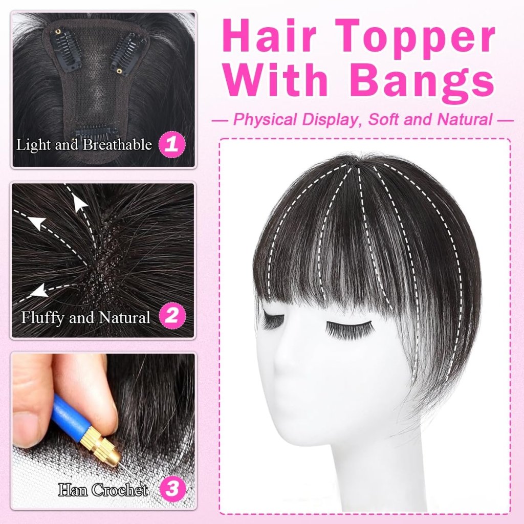 Hair Toppers For Women Real Hair 360° 3D Cover Human Hair Topper Wig with Bangs Hair Pieces