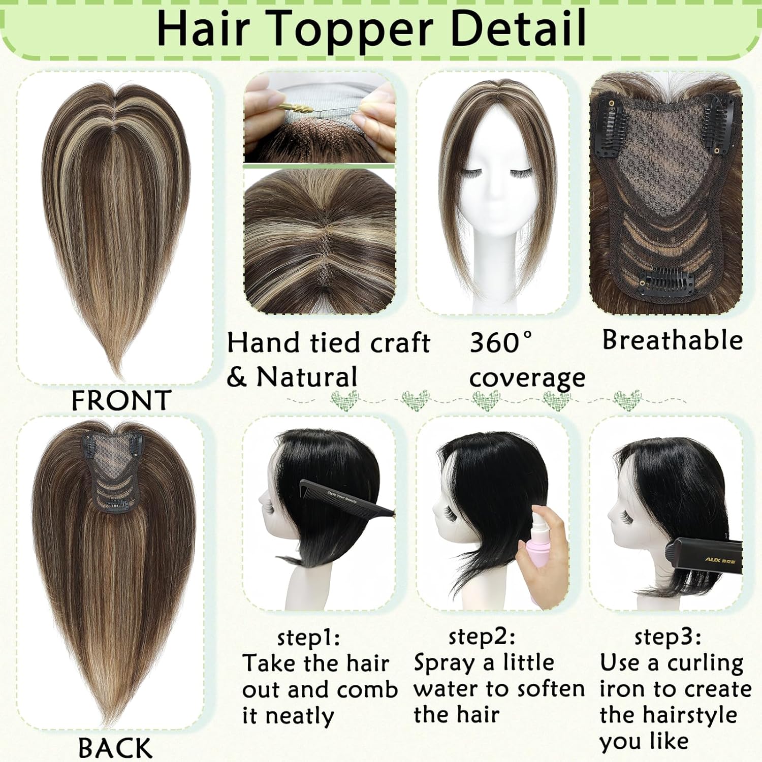 Hair Toppers for Women Real Human Hair 360° No Bangs Upgrade Lace Base Human Hair Toppers