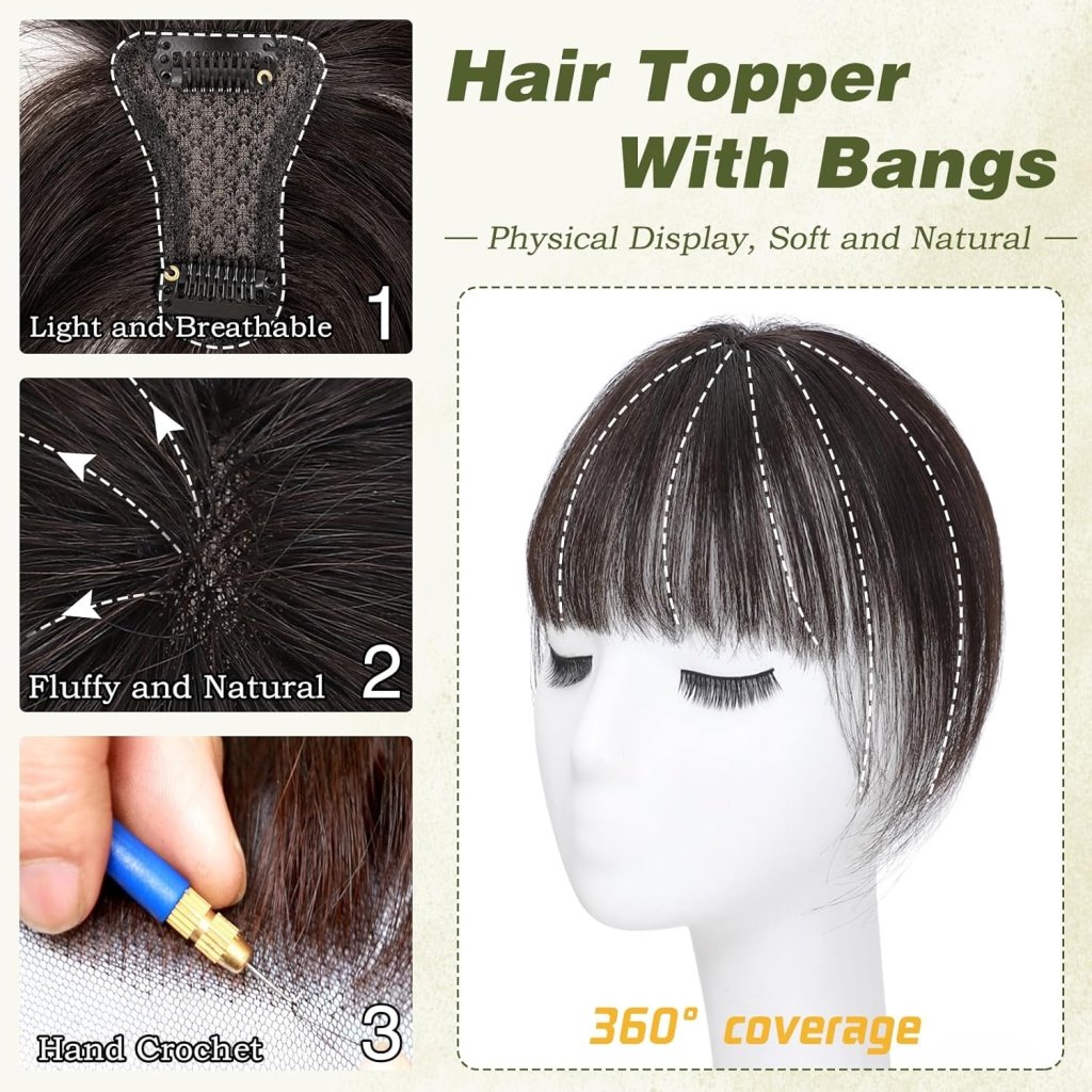 Clip in Bangs 100% Human Hair Toppers 360°3D Hair Pieces Clip On Air Bangs Extensions