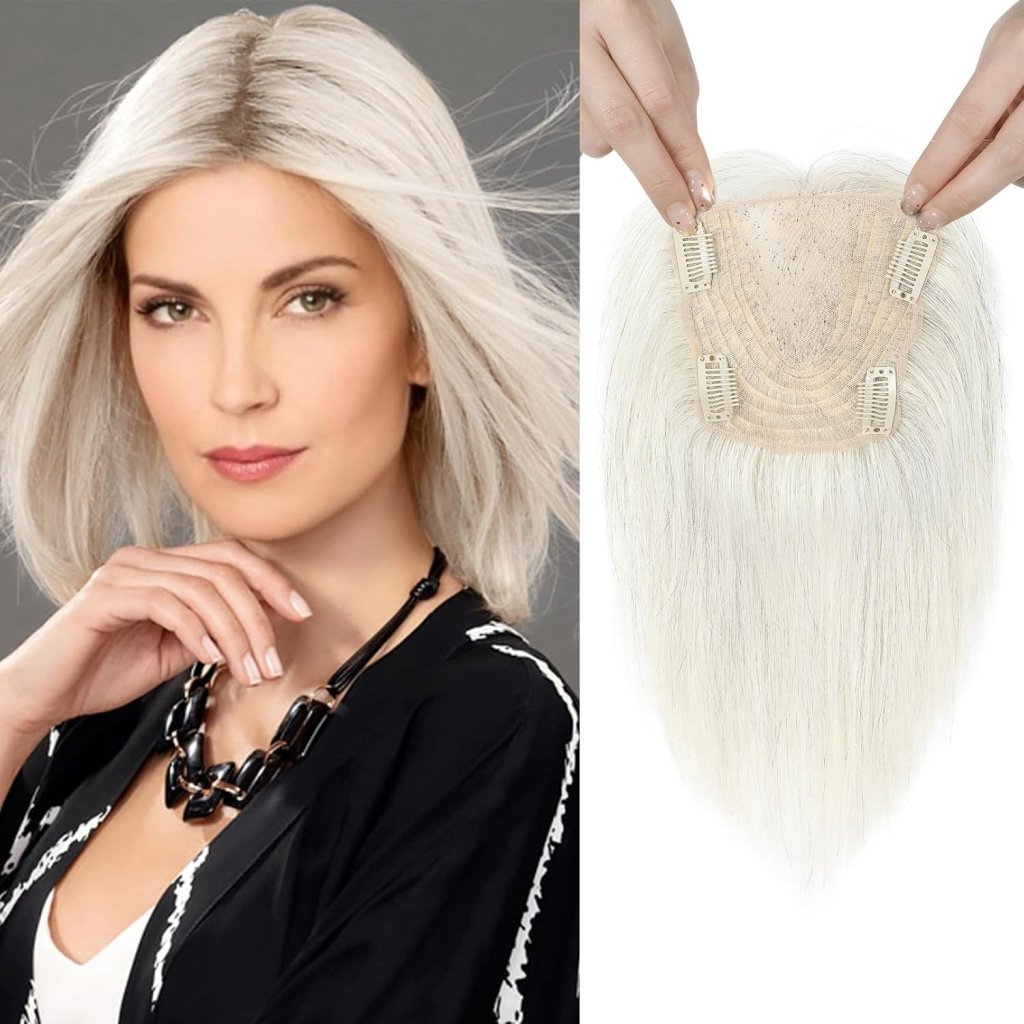 Real Human Hair Topper 10 inch Women Hair Toppers for Thinning Hair Light Grey Wigs