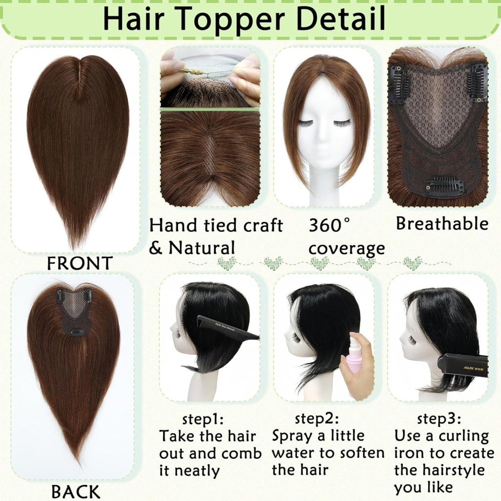 Hair Toppers for Women Real Human Hair 360° No Bangs Upgrade Lace Base Human Hair Toppers