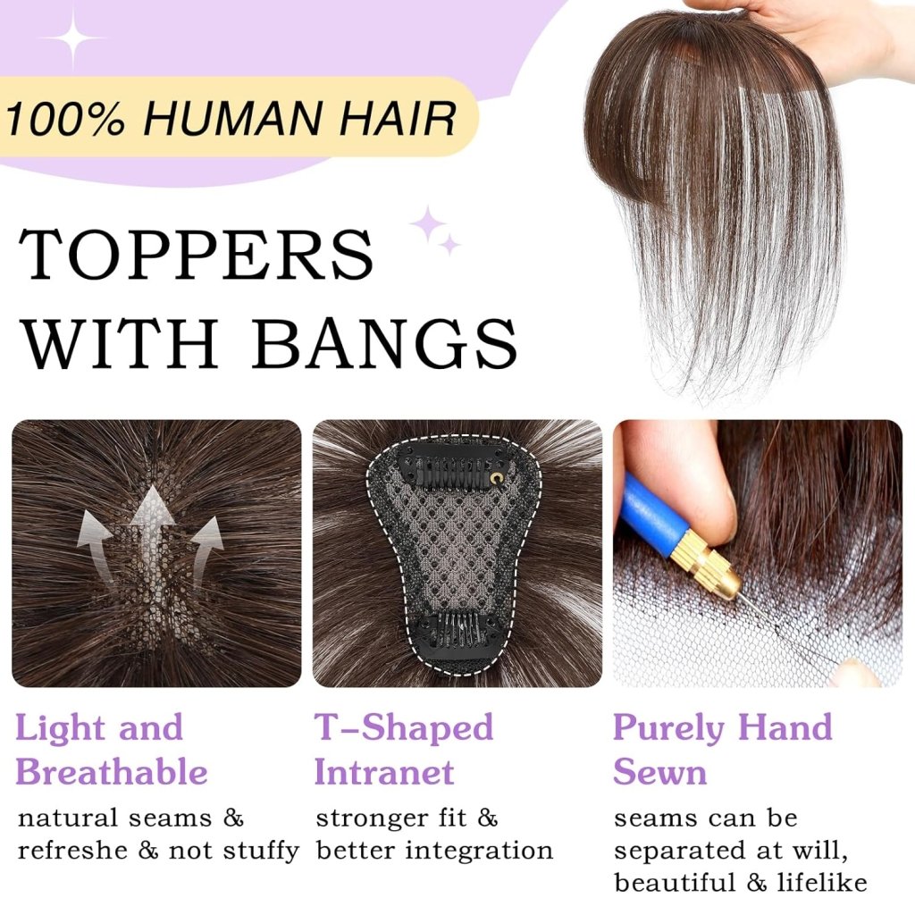 Clip in Bangs 100% Human Hair Toppers 360°3D Hair Pieces Clip On Air Bangs Extensions