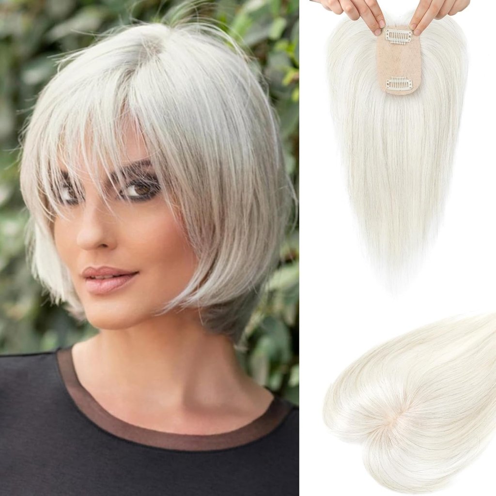 Human Hair Toppers for women 10 Inch Clip in Bangs 100％ Human Hair Toppers for Thinning Hair Cover Hair Pieces with Silk Base-Silver White