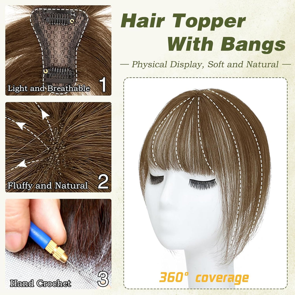 Clip in Bangs 100% Human Hair Toppers 360°3D Hair Pieces Clip On Air Bangs Extensions