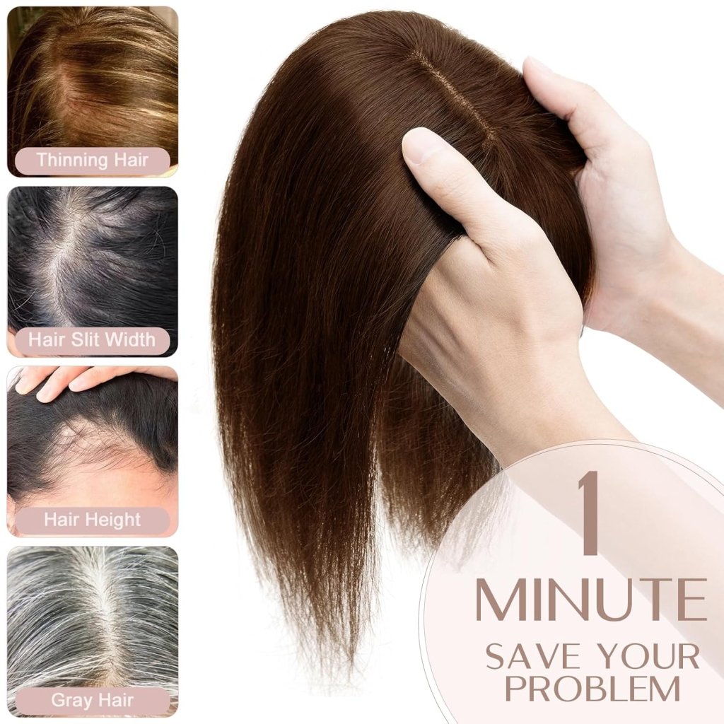 Human Hair Topper with Bangs - Real Human Hair Toppers for Women with Thin Hair