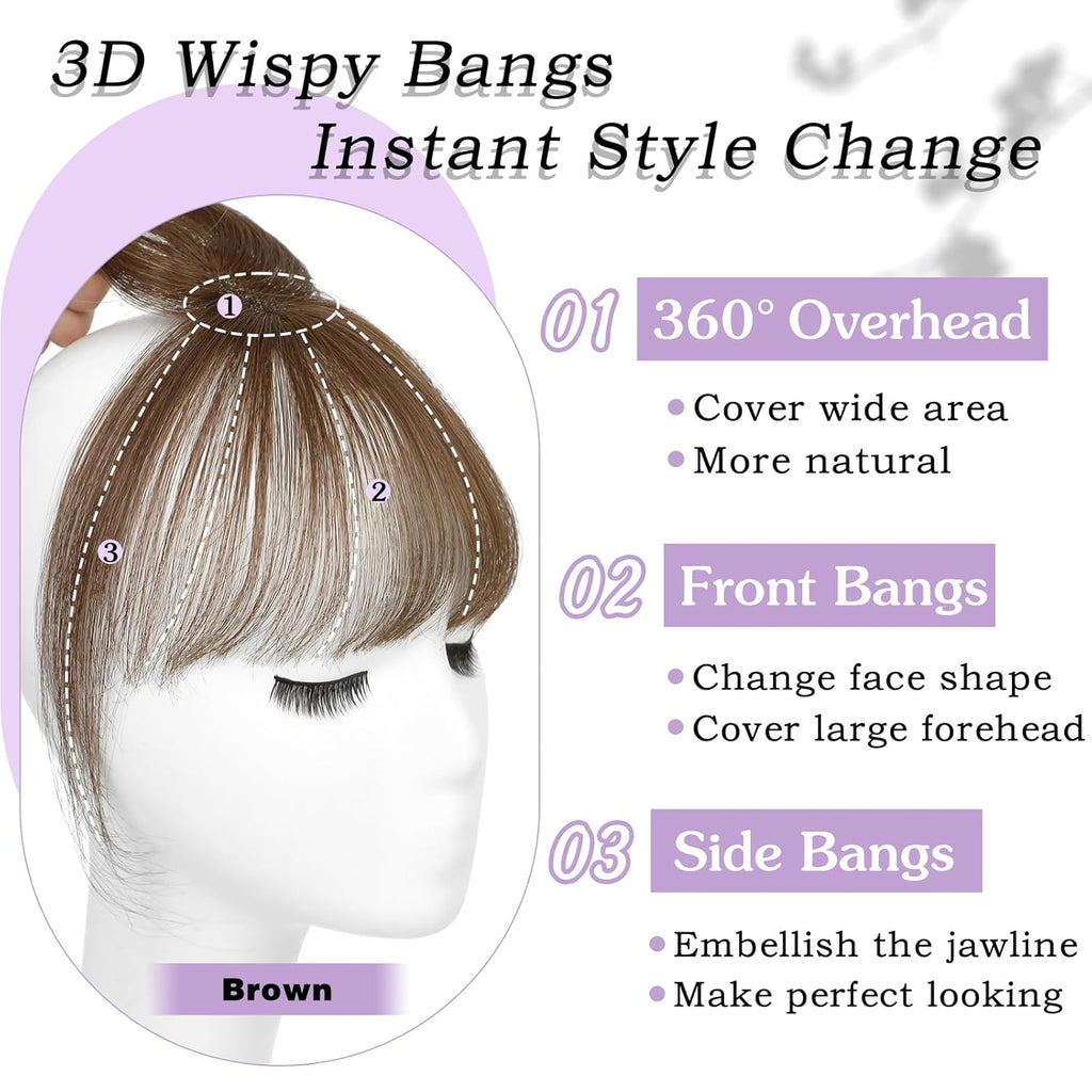 Clip in Bangs 100% Human Hair Toppers 360°3D Hair Pieces Clip On Air Bangs Extensions